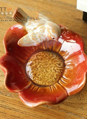 摆件欧式家居饰品陶瓷烟灰缸装饰盘子干果盘小装饰麻.雀果盘皂托