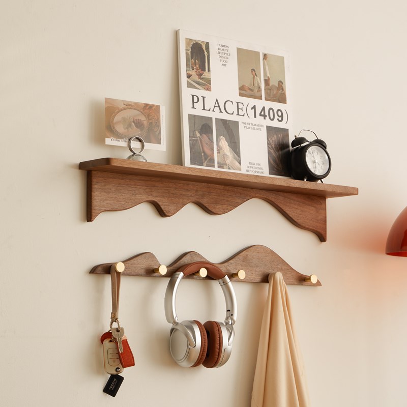 墙上置物架c实木壁挂黑胡桃木一字隔板杂志架墙面装饰挂衣钩免打