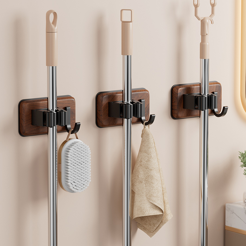 胡桃木拖把壁挂夹抹布挂钩卫生间拖布扫把固定器R免打孔贴墙挂架