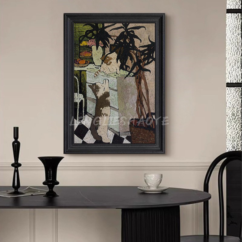 客厅卧室装饰挂画中古侘寂风可爱动E物猫咪玄关柜摆件肌理手绘油