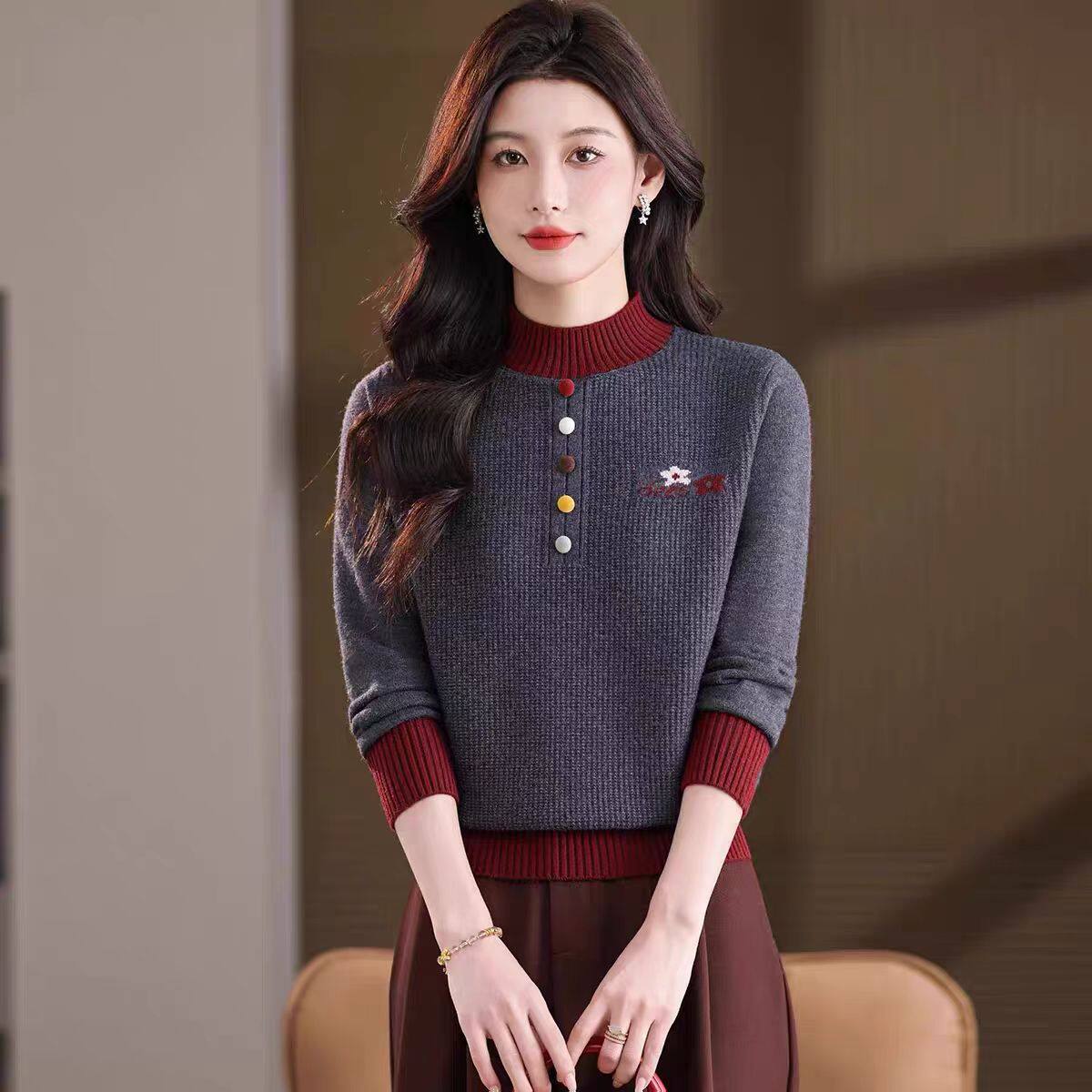 羊绒毛衣女25秋冬新款半高领打底衫加厚针织衫内搭上衣宽松撞色保