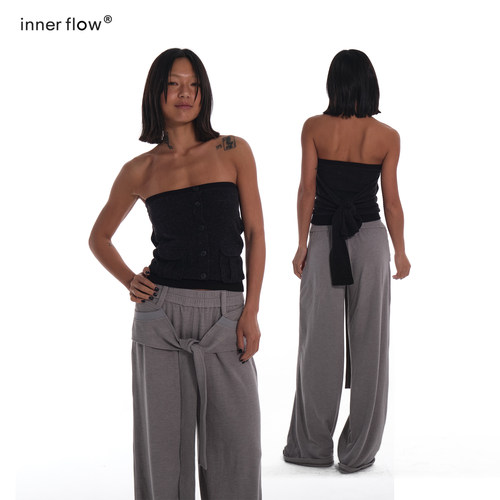 INNERFLOW春季性感辣妹后背系带黑色抹胸上衣修身无袖外穿背心女