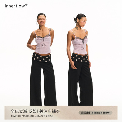 INNERFLOW 夏季莱塞尔性感波点拼接吊带+黑色罩衫+波点长裤套装春