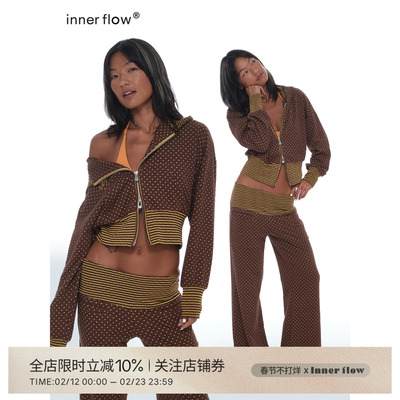 INNERFLOW复古可可 长袖短款波点撞条纹上衣+休闲裤两件套装