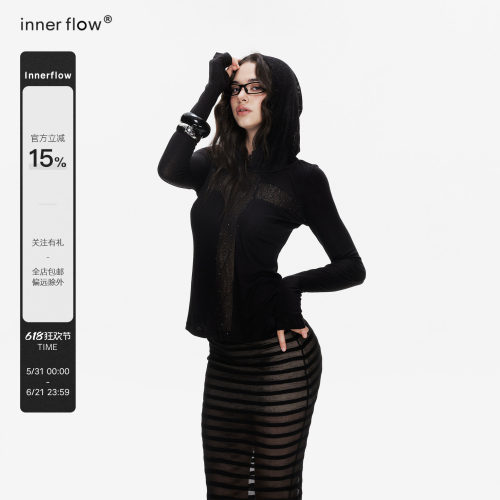 INNERFLOW夏季兰精天丝十字蕾丝拼接性感修身长袖连帽两件套装女