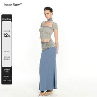 INNERFLOW 莫代尔灰色短款上衣+蕾丝蓝色半身长裙撞色套装女夏季