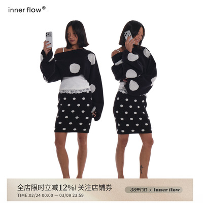 INNERFLOW冬季大波点斜肩毛衣+白色蕾丝吊带+小波点半身裙套装女