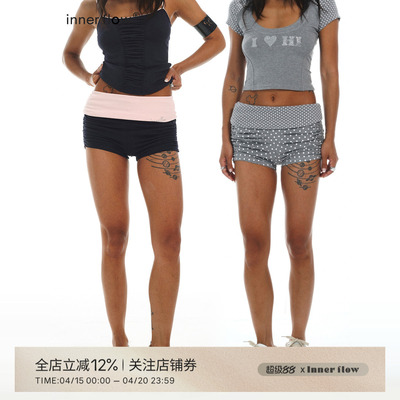 INNERFLOW夏季撞色拼接翻边抽皱短裤女高腰短款裤子显瘦短裤