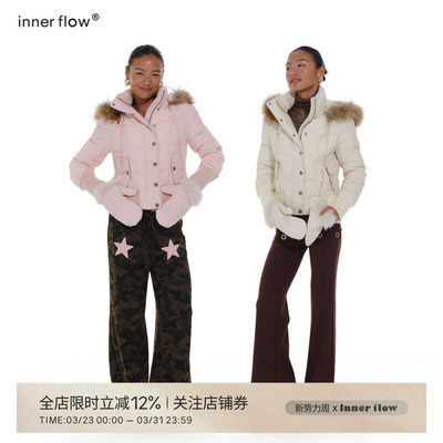 INNERFLOW冬季时尚保暖白鹅绒貉子毛毛领连帽短款羽绒服送手套