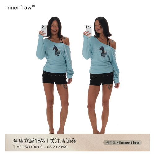 INNERFLOW春季蓝色马年修身斜肩上衣长袖T恤烫钻内衣两件套套装女