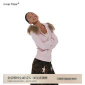 INNERFLOW修身 薄绒粉色运动收腰外套毛领连帽拉链烫钻卫衣冬季