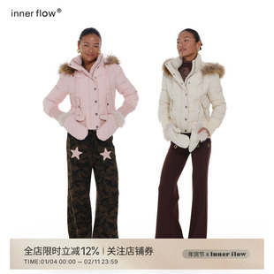 INNERFLOW冬季时尚保暖白鹅绒貉子毛毛领连帽短款羽绒服送手套