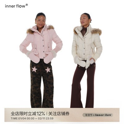 INNERFLOW冬季时尚保暖白鹅绒貉子毛毛领连帽短款羽绒服送手套