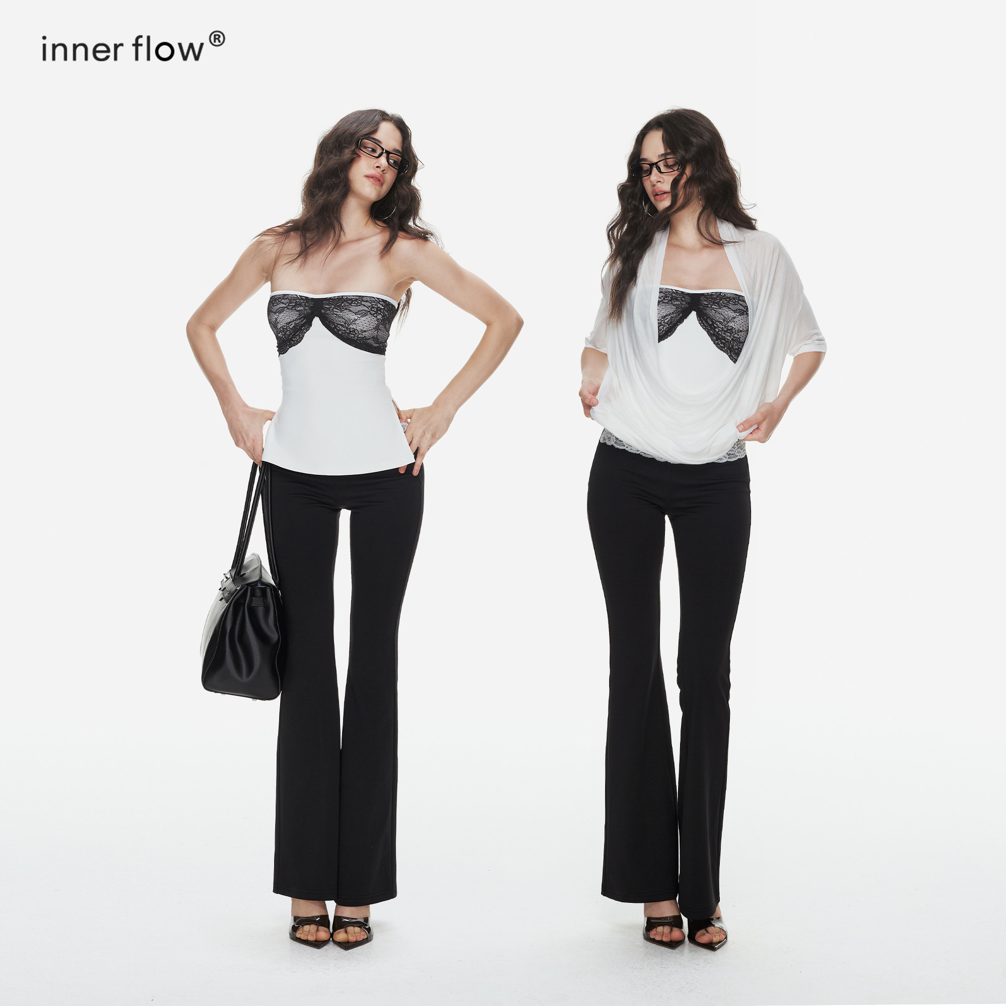 INNERFLOW2026夏季新款超显瘦一字肩蕾丝拼接抹胸内搭长裤套装