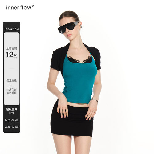 INNERFLOW古早感双色蕾丝修身挂脖吊带+黑色短款外搭复古套装夏
