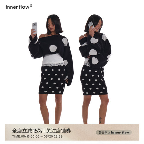 INNERFLOW春季大波点斜肩毛衣+白色蕾丝吊带+小波点半身裙套装女