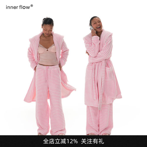 INNERFLOW芭比日记 玫红条纹羊羔毛法兰绒双层舒适绒软睡衣套装