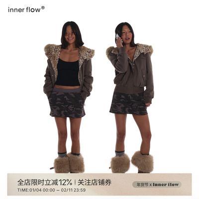 INNERFLOW 军绿色短款拉链卫衣冬季大毛领连帽设计豹纹拼接外套
