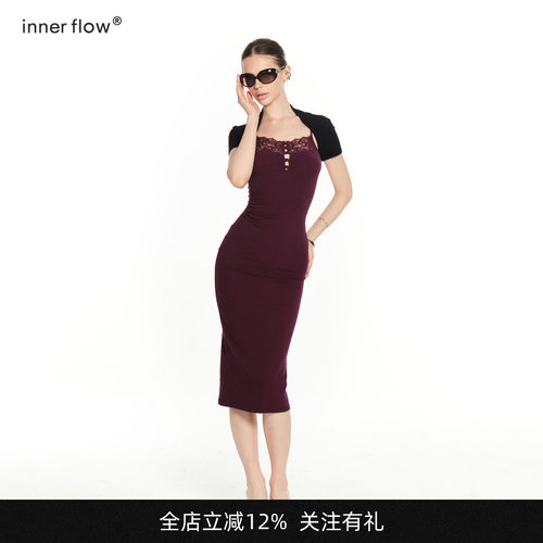 INNERFLOW紫色蕾丝修身中裙连衣裙+短款黑色外搭两件套夏季套装