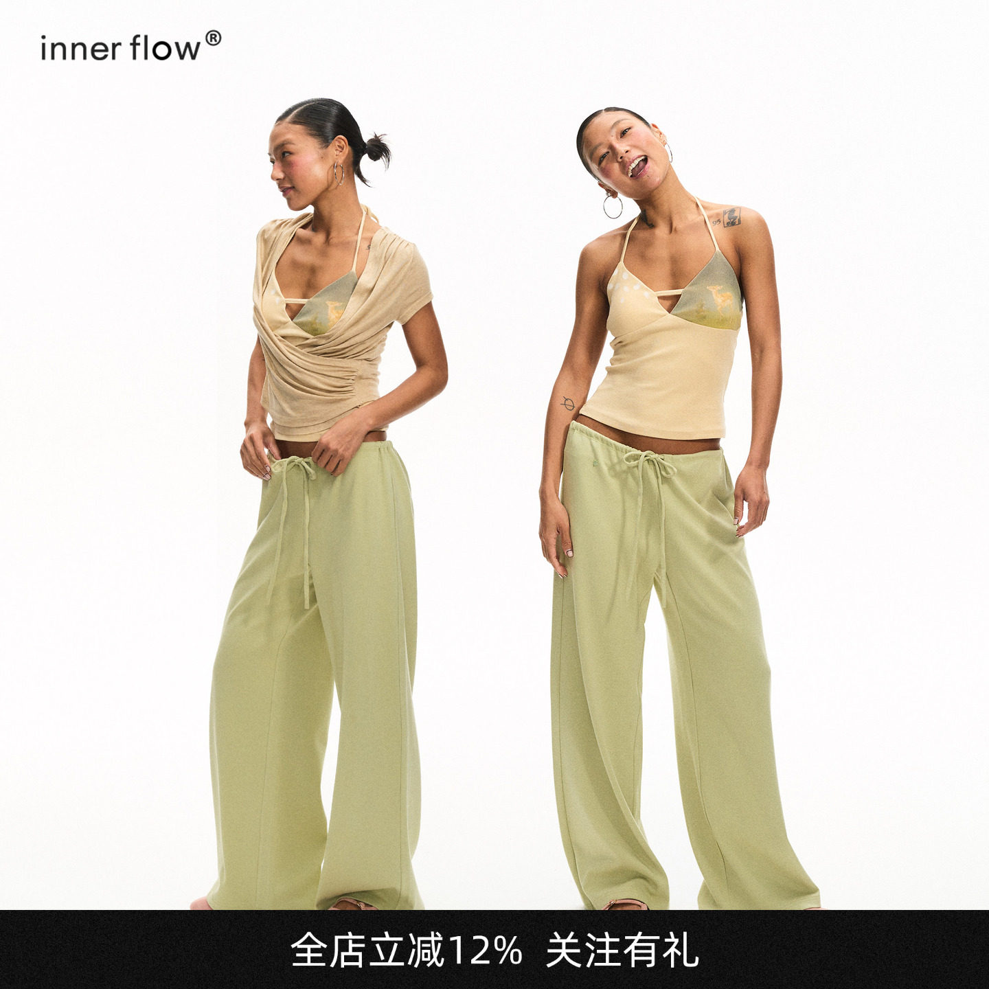 INNERFLOW夏季兰精天丝卡其色短袖+小鹿印花吊带+ 绿色长裤套装图片