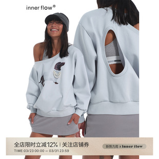 INNERFLOW朦胧犬迹 雾蓝色斜肩腊肠狗卫衣灰色字母背心短裙女 春季