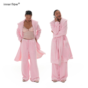 INNERFLOW芭比日记 玫红条纹羊羔毛法兰绒双层舒适绒软睡衣套装