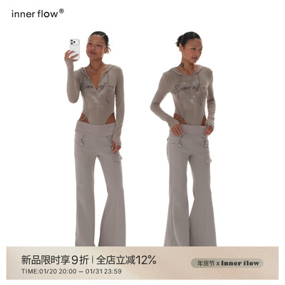 INNERFLOW 休闲风松木色连体长袖t恤女春季修身连帽印花烫钻上衣
