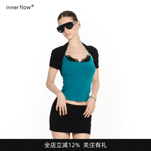 INNERFLOW古早感双色蕾丝修身挂脖吊带+黑色短款外搭复古套装夏