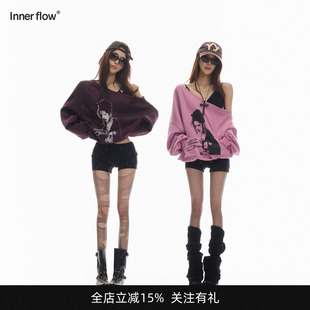 INNERFLOW2026秋冬宽松落肩单件印花辣妹松弛感卫衣外套上衣女