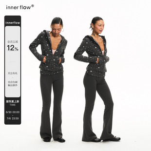 INNERFLOW夏季猫耳修身连帽外套+灰色星星喇叭裤两件套印花套装