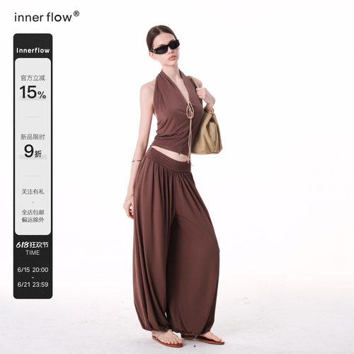 INNERFLOW6.15 20点 慵懒舒适撞色蕾丝休闲挂脖上衣阔腿裤套装