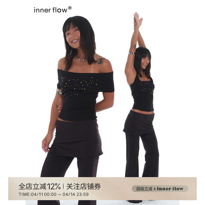 INNERFLOW自然隐喻 两穿挂脖一字肩彩色烫钻上衣（送抹胸）瑜伽裤