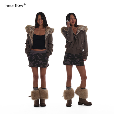 INNERFLOW军绿色短款拉链卫衣春季大毛领连帽设计豹纹拼接外套