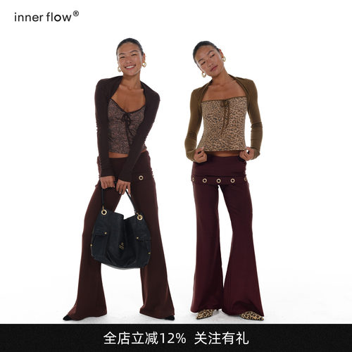 INNERFLOW 秋季修身假两件长袖印花短款t恤上衣+棕色休闲裤长裤