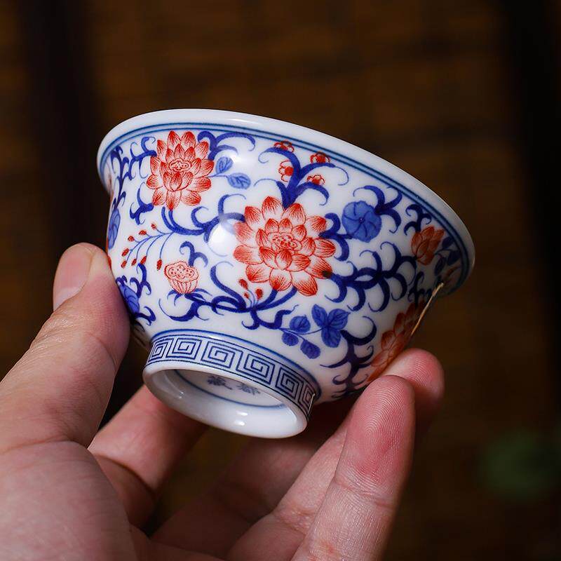 青花瓷品茗杯单杯功夫茶杯单个陶瓷釉下彩茶盏小茶碗压手主人杯瓷