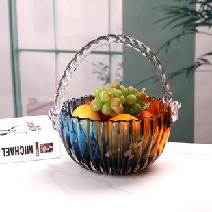 轻奢琉璃手提篮玻璃水果盘干果盘糖果零食盘家用客厅茶几水果篮子