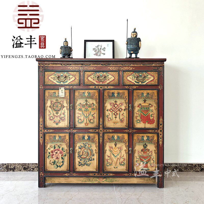 藏式复古典彩绘八宝玄关柜酒店民俗绘画装饰柜做旧门厅储物餐边柜