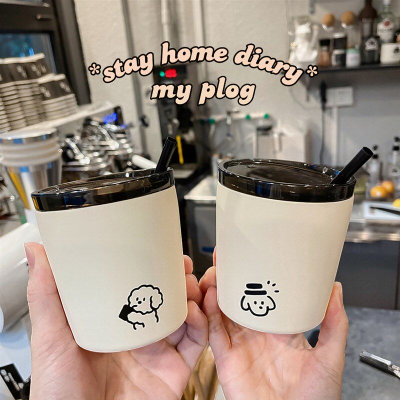 风奶黄色保温杯女可爱小狗便携随行杯吸管保冷杯咖啡杯