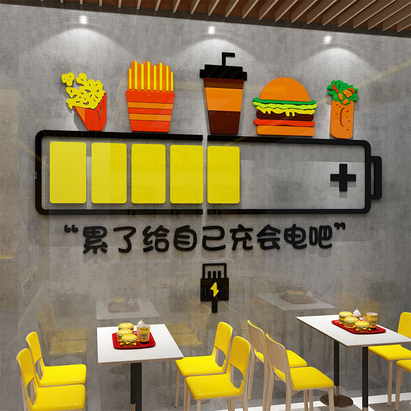 网红炸鸡店厅汉堡店墙面装饰品场景布置玻璃门壁纸贴画创意背景墙图片
