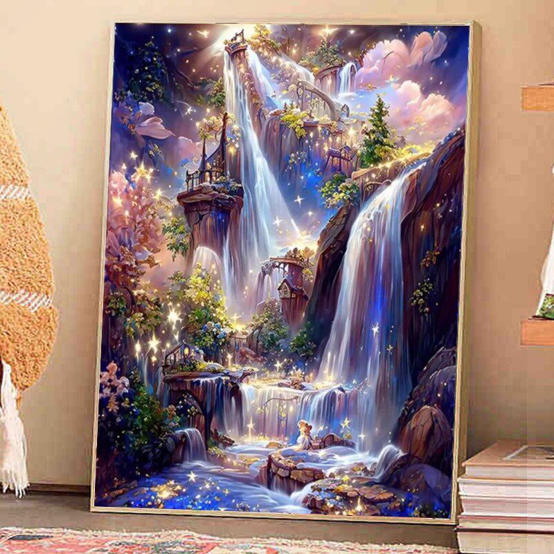 唯美风景钻石画玄关星空瀑布点钻十字绣小幅满钻