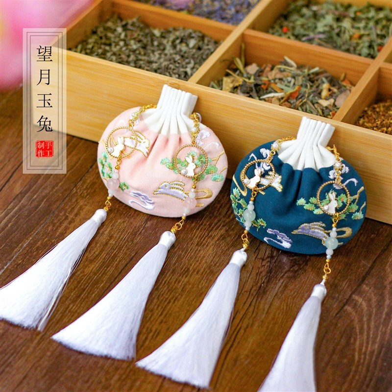 望月玉兔情侣香囊刺绣香包空荷包袋月兔香袋古风汉服配饰挂件国风