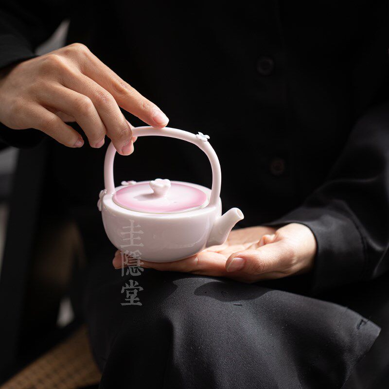 圭隐堂手工捏花粉色陶瓷提梁壶家用仿古女士泡茶壶小号单壶手抓壶