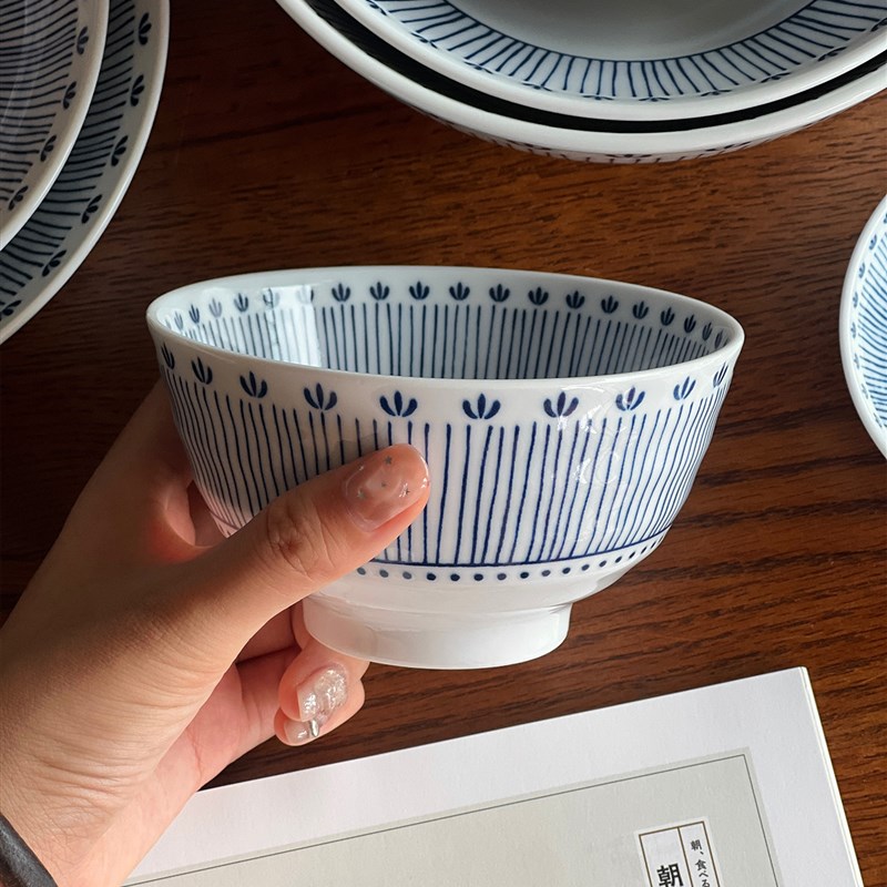 日式饭碗蓝色条纹拉面碗汤碗吃饭碗菜盘子陶瓷餐具碗盘套装家用碗
