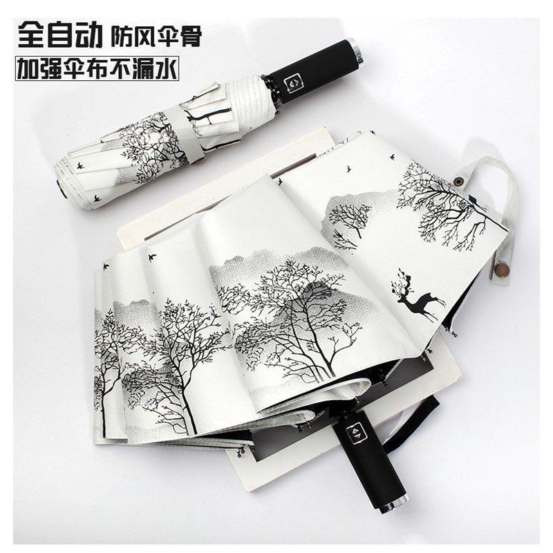晴雨两用伞全自动男女折叠大号国潮古风太阳伞遮阳伞仙女系油纸画