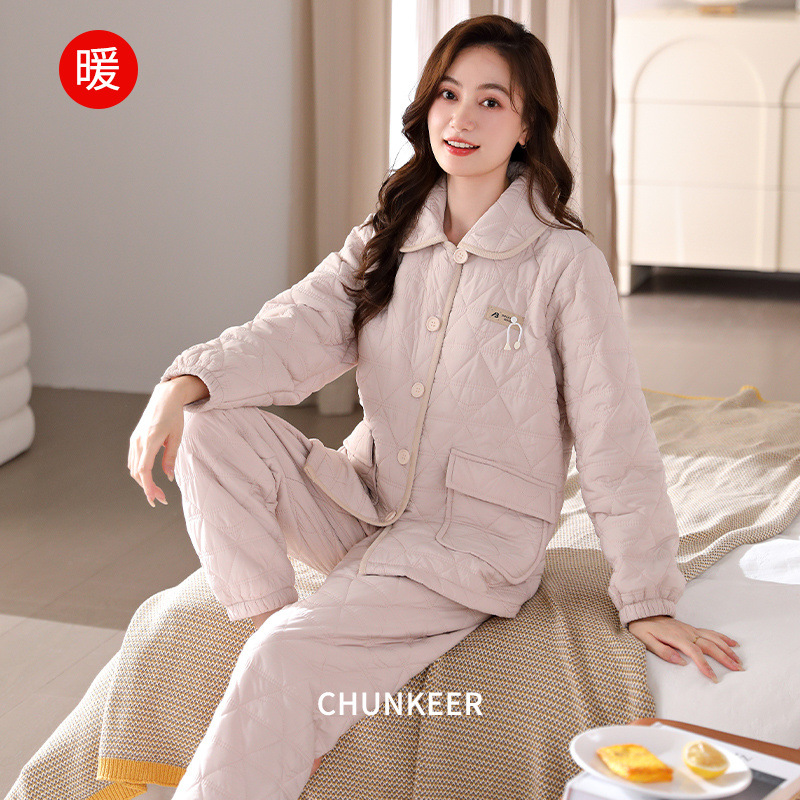 冬季防水薄夹棉睡衣女款开衫保暖