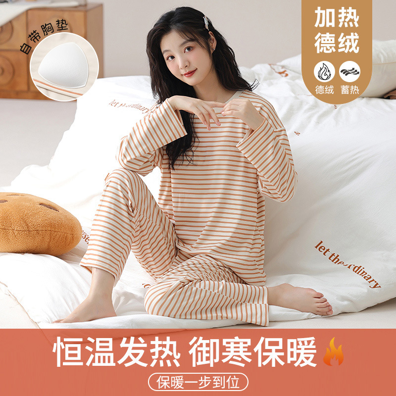 韩版保暖德绒睡衣女秋冬季新款简