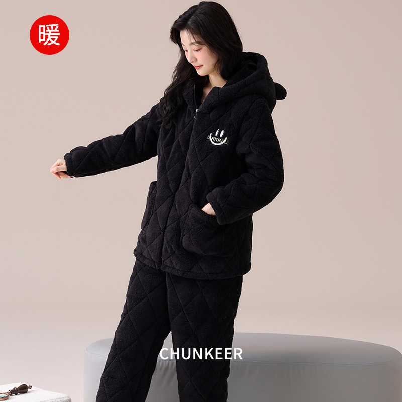 秋冬季三层加厚夹棉睡衣女士加绒