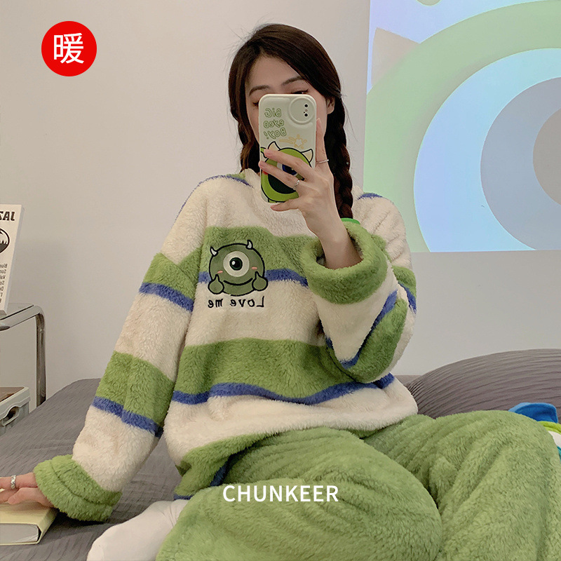 新款套头睡衣女秋冬季珊瑚绒加厚