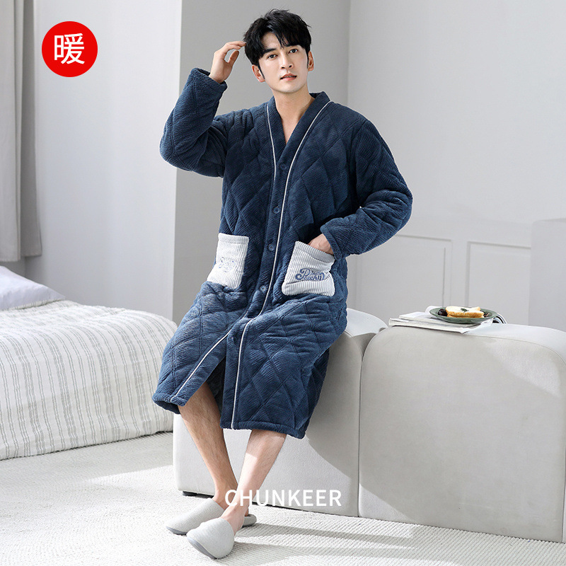 棉袄冬季珊瑚绒睡袍男三层夹棉厚