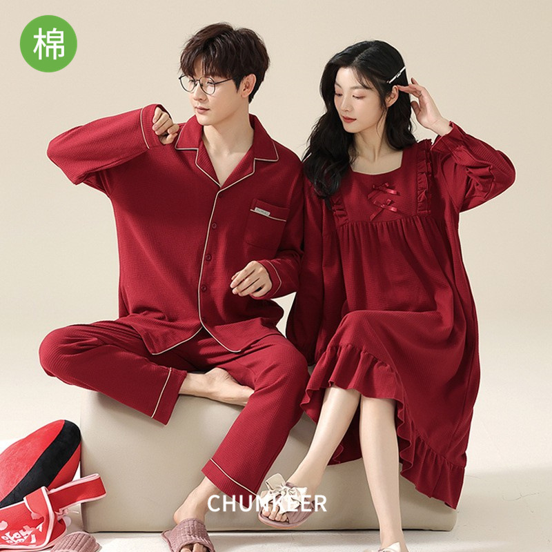纯棉情侣睡衣秋冬季红色睡裙男套